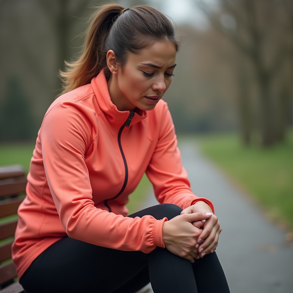 Recreational runner pausing on a park path holding their knee after a run