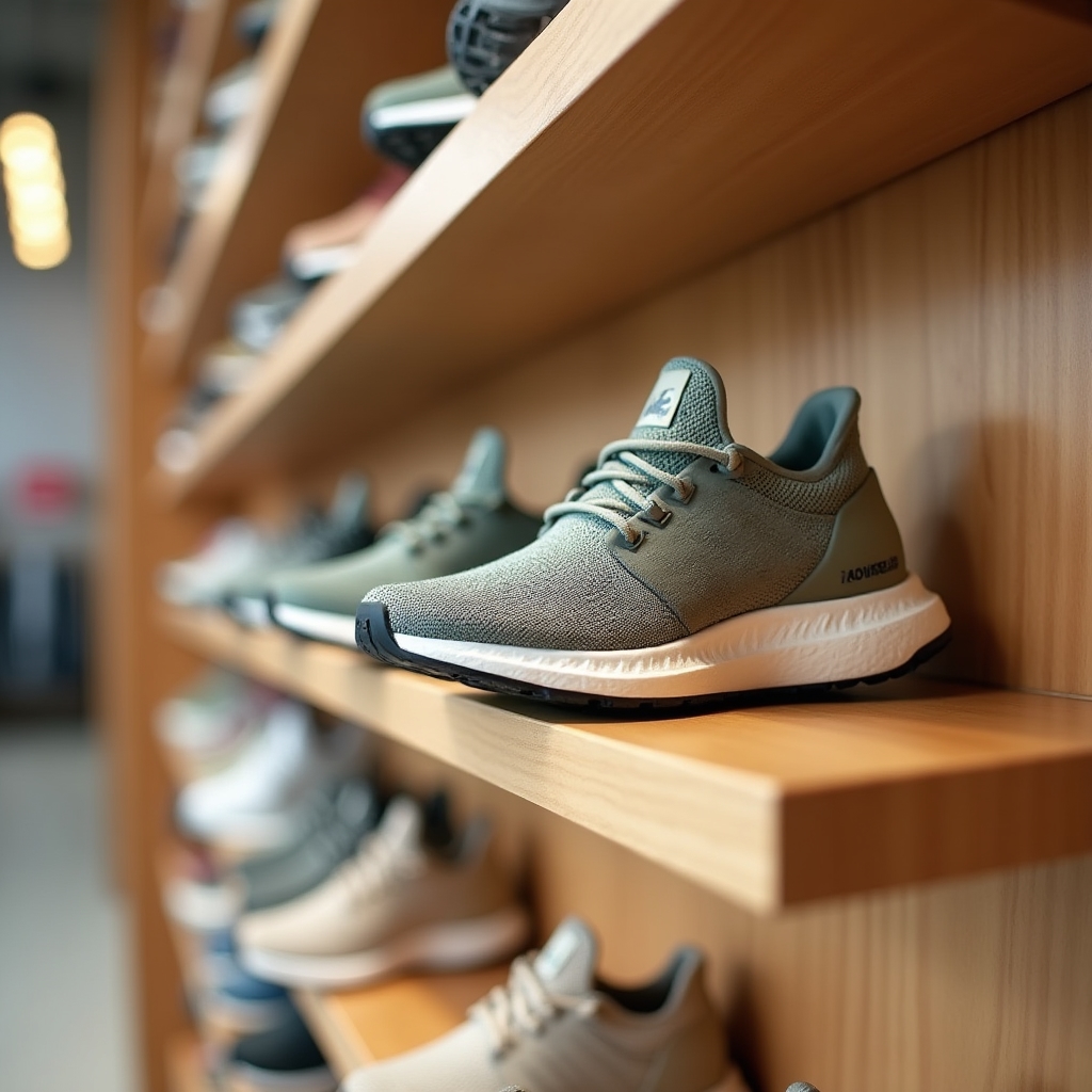 Wall display of various running shoe models with different cushioning heights