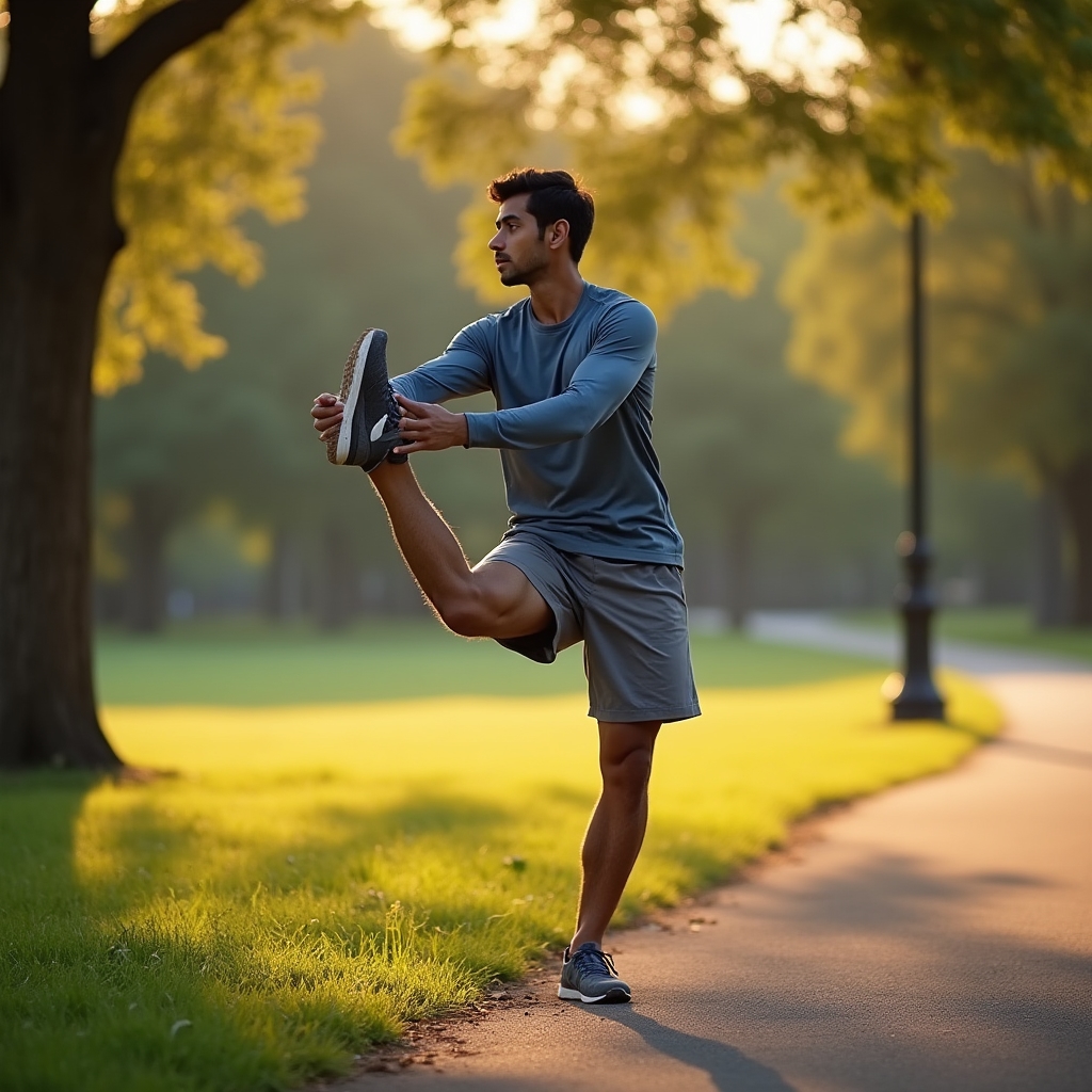 Runner performing a dynamic leg swing stretch outdoors before a run