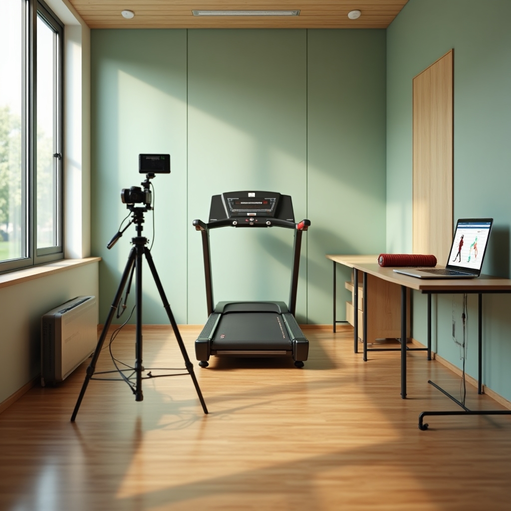 Treadmill setup with markers and a camera rig used for running gait analysis